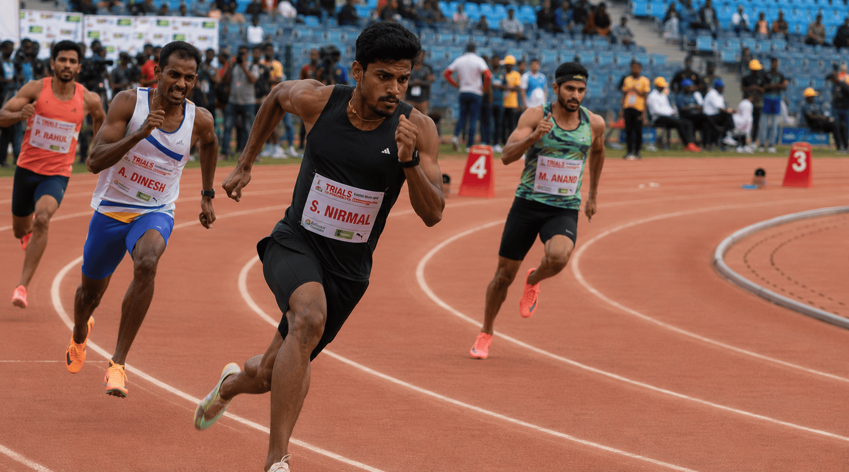 Masters sprinters racing on a stadium track